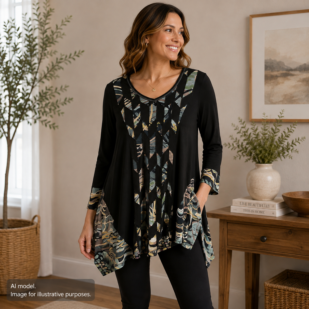 Parsley Sage Shirt Women Medium Black Geo Art to Wear Flowy Soft Stretch Tunic